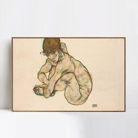 INVIN ART Framed Canvas Giclee Print Crouching Nude Girl by Egon Schiele Wall Art Living Room Home Office Decorations