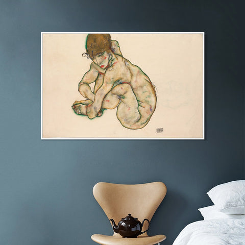 INVIN ART Framed Canvas Giclee Print Crouching Nude Girl by Egon Schiele Wall Art Living Room Home Office Decorations