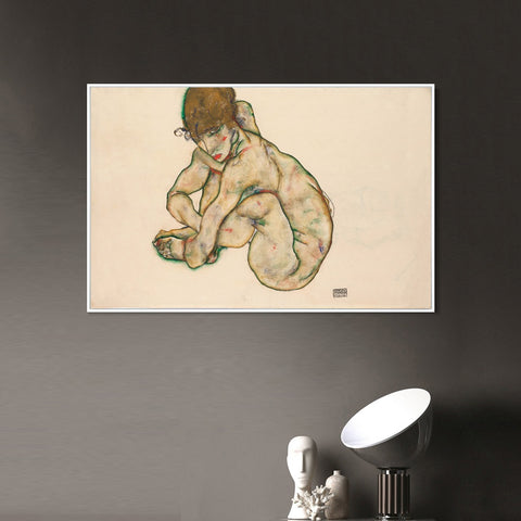 INVIN ART Framed Canvas Giclee Print Crouching Nude Girl by Egon Schiele Wall Art Living Room Home Office Decorations