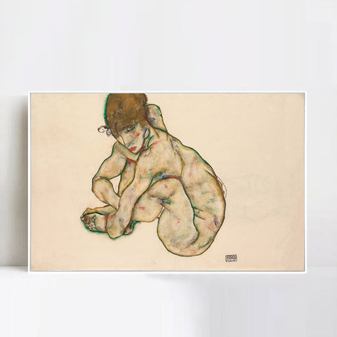 INVIN ART Framed Canvas Giclee Print Crouching Nude Girl by Egon Schiele Wall Art Living Room Home Office Decorations
