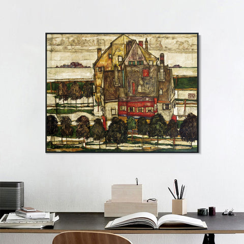 INVIN ART Framed Canvas Giclee Print The old house#118 by Egon Schiele Wall Art Living Room Home Office Decorations