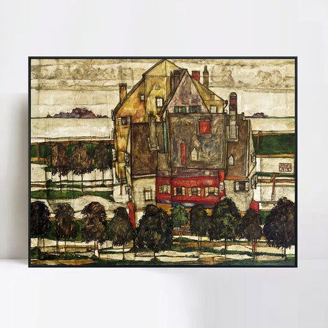 INVIN ART Framed Canvas Giclee Print The old house#118 by Egon Schiele Wall Art Living Room Home Office Decorations