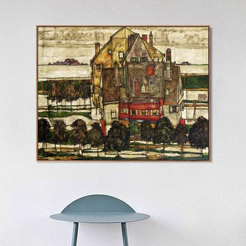 INVIN ART Framed Canvas Giclee Print The old house#118 by Egon Schiele Wall Art Living Room Home Office Decorations