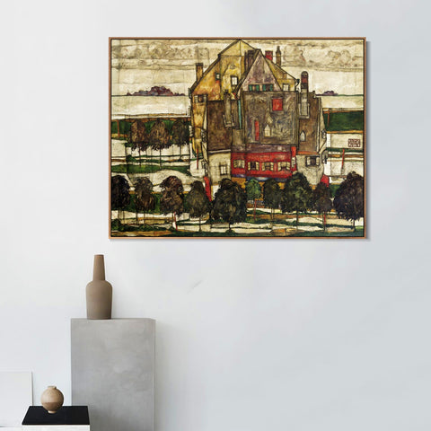 INVIN ART Framed Canvas Giclee Print The old house#118 by Egon Schiele Wall Art Living Room Home Office Decorations
