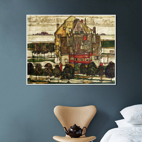INVIN ART Framed Canvas Giclee Print The old house#118 by Egon Schiele Wall Art Living Room Home Office Decorations