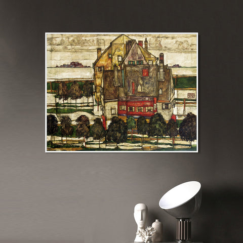 INVIN ART Framed Canvas Giclee Print The old house#118 by Egon Schiele Wall Art Living Room Home Office Decorations