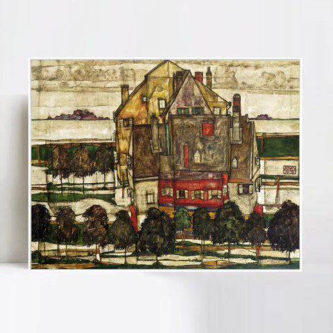 INVIN ART Framed Canvas Giclee Print The old house#118 by Egon Schiele Wall Art Living Room Home Office Decorations