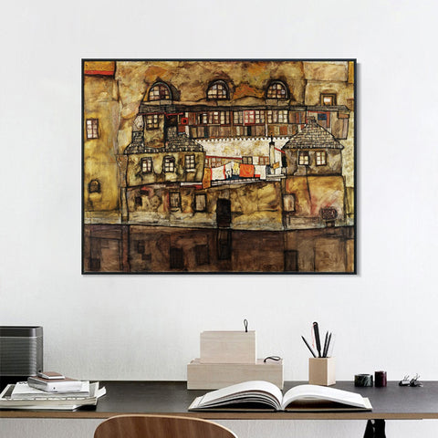 INVIN ART Framed Canvas Giclee Print House on a River (Old House I) by Egon Schiele Wall Art Living Room Home Office Decorations