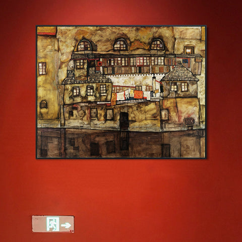 INVIN ART Framed Canvas Giclee Print House on a River (Old House I) by Egon Schiele Wall Art Living Room Home Office Decorations