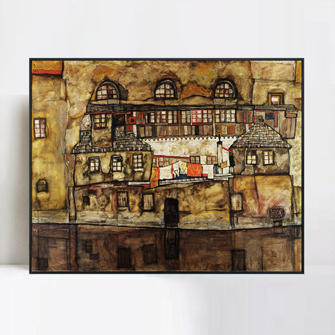 INVIN ART Framed Canvas Giclee Print House on a River (Old House I) by Egon Schiele Wall Art Living Room Home Office Decorations