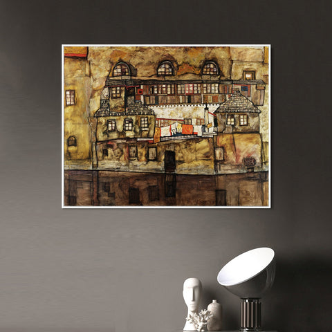INVIN ART Framed Canvas Giclee Print House on a River (Old House I) by Egon Schiele Wall Art Living Room Home Office Decorations
