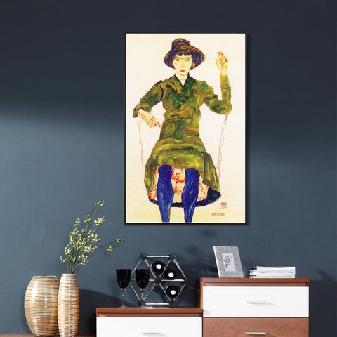 INVIN ART Framed Canvas Giclee Print Woman in green dress by Egon Schiele Wall Art Living Room Home Office Decorations