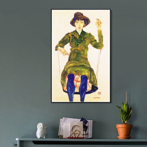 INVIN ART Framed Canvas Giclee Print Woman in green dress by Egon Schiele Wall Art Living Room Home Office Decorations