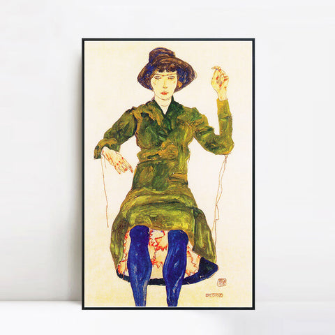 INVIN ART Framed Canvas Giclee Print Woman in green dress by Egon Schiele Wall Art Living Room Home Office Decorations