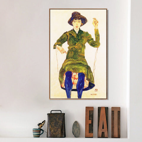 INVIN ART Framed Canvas Giclee Print Woman in green dress by Egon Schiele Wall Art Living Room Home Office Decorations