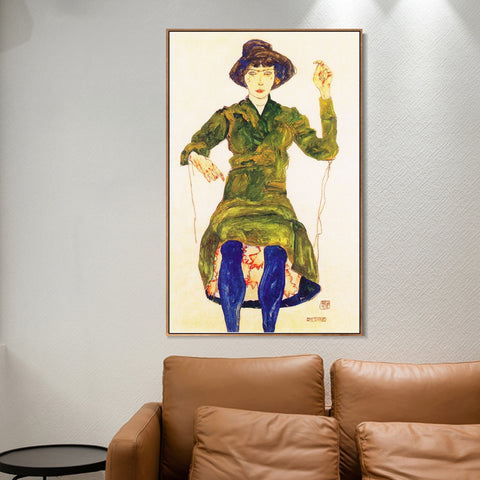 INVIN ART Framed Canvas Giclee Print Woman in green dress by Egon Schiele Wall Art Living Room Home Office Decorations