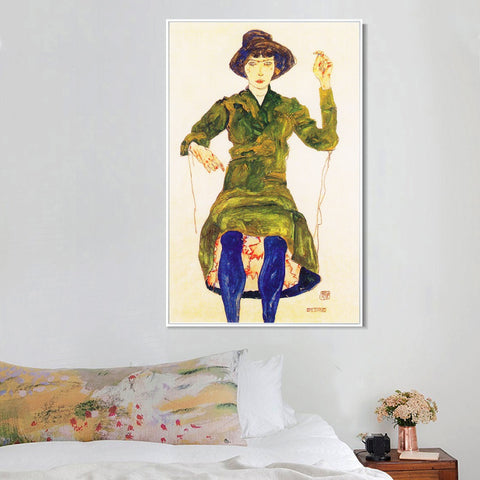 INVIN ART Framed Canvas Giclee Print Woman in green dress by Egon Schiele Wall Art Living Room Home Office Decorations