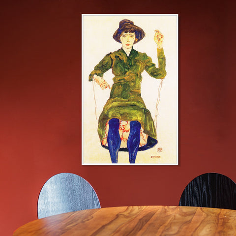 INVIN ART Framed Canvas Giclee Print Woman in green dress by Egon Schiele Wall Art Living Room Home Office Decorations