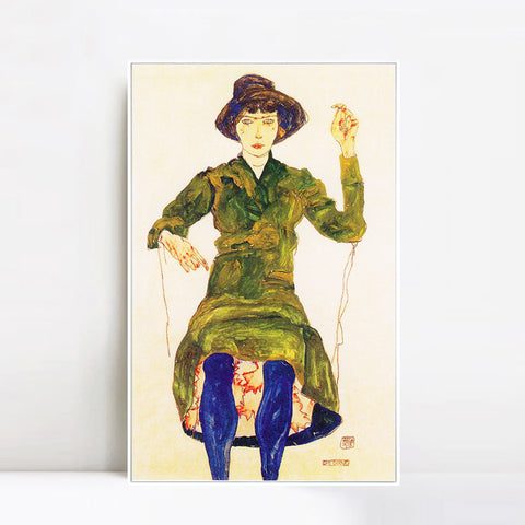 INVIN ART Framed Canvas Giclee Print Woman in green dress by Egon Schiele Wall Art Living Room Home Office Decorations