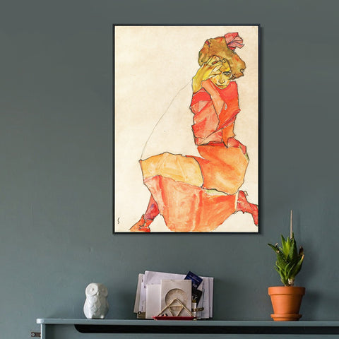 INVIN ART Framed Canvas Giclee Print Kneeling Female in Orange-Red DressDress by Egon Schiele Wall Art Living Room Home Office Decorations