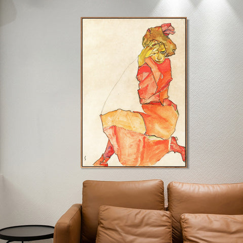 INVIN ART Framed Canvas Giclee Print Kneeling Female in Orange-Red DressDress by Egon Schiele Wall Art Living Room Home Office Decorations