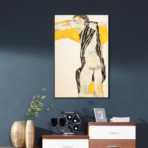 INVIN ART Framed Canvas Giclee Print Woman in Striped Dress by Egon Schiele Wall Art Living Room Home Office Decorations