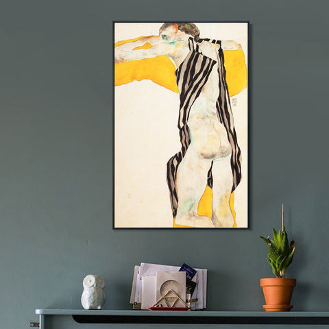 INVIN ART Framed Canvas Giclee Print Woman in Striped Dress by Egon Schiele Wall Art Living Room Home Office Decorations