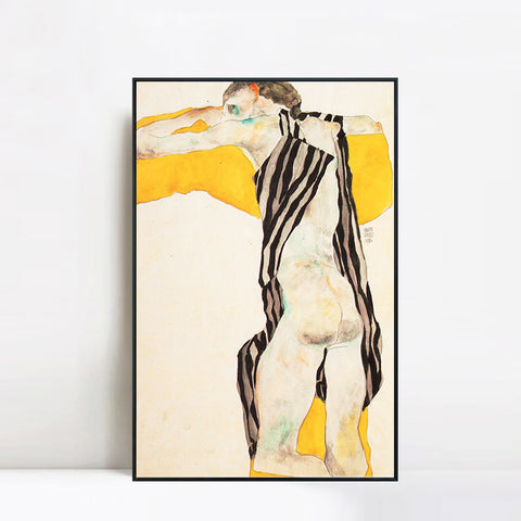 INVIN ART Framed Canvas Giclee Print Woman in Striped Dress by Egon Schiele Wall Art Living Room Home Office Decorations