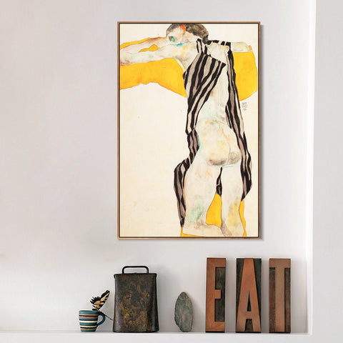 INVIN ART Framed Canvas Giclee Print Woman in Striped Dress by Egon Schiele Wall Art Living Room Home Office Decorations