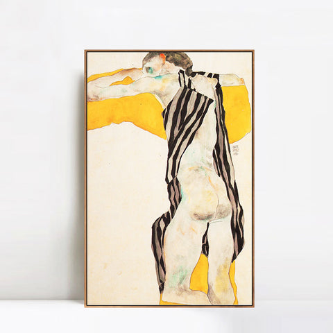 INVIN ART Framed Canvas Giclee Print Woman in Striped Dress by Egon Schiele Wall Art Living Room Home Office Decorations