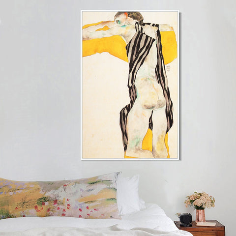 INVIN ART Framed Canvas Giclee Print Woman in Striped Dress by Egon Schiele Wall Art Living Room Home Office Decorations