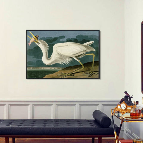 INVIN ART Framed Canvas Giclee Print Great White Heron by John James Audubon Wall Art Living Room Home Office Decorations