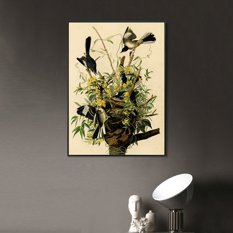 INVIN ART Framed Canvas Giclee Print Mocking Bird by John James Audubon Wall Art Living Room Home Office Decorations