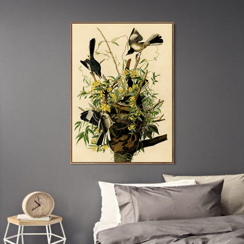 INVIN ART Framed Canvas Giclee Print Mocking Bird by John James Audubon Wall Art Living Room Home Office Decorations