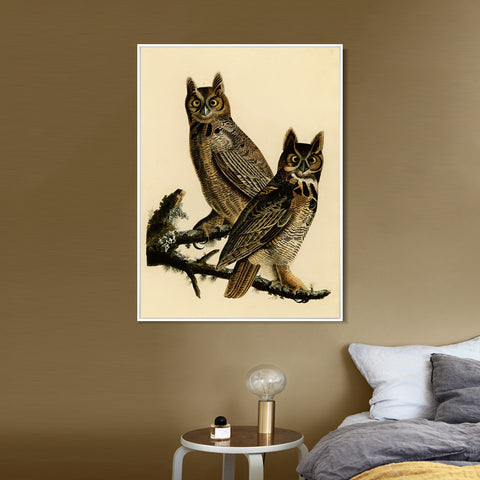 INVIN ART Framed Canvas Giclee Print Great Horned Owl by John James Audubon Wall Art Living Room Home Office Decorations