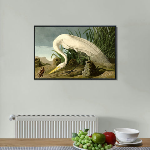 INVIN ART Framed Canvas Giclee Print White Heron by John James Audubon Wall Art Living Room Home Office Decorations