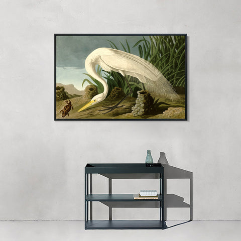 INVIN ART Framed Canvas Giclee Print White Heron by John James Audubon Wall Art Living Room Home Office Decorations
