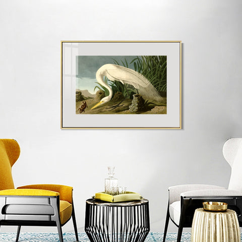 INVIN ART Metal Framed Canvas Giclee Print White Heron by John James Audubon Wall Art Living Room Home Office Decorations