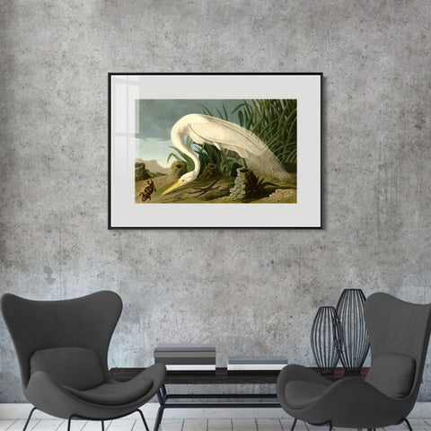 INVIN ART Metal Framed Canvas Giclee Print White Heron by John James Audubon Wall Art Living Room Home Office Decorations