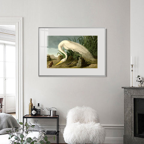 INVIN ART Metal Framed Canvas Giclee Print White Heron by John James Audubon Wall Art Living Room Home Office Decorations