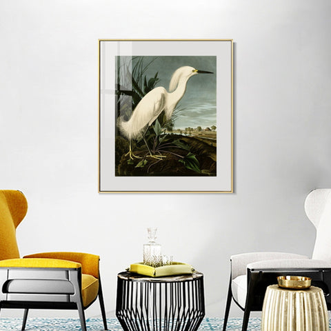 INVIN ART Metal Framed Canvas Snowy Heron or White Egret by John James Audubon Wall Art Living Room Home Office Decorations