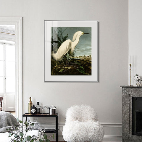 INVIN ART Metal Framed Canvas Snowy Heron or White Egret by John James Audubon Wall Art Living Room Home Office Decorations