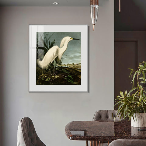 INVIN ART Metal Framed Canvas Snowy Heron or White Egret by John James Audubon Wall Art Living Room Home Office Decorations