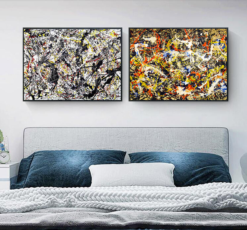 INVIN ART Framed Canvas Giclee Print Extra Large Art Combo Painting 2 Pieces by Jackson Pollock Wall Art Series#11 (Black Slim Frame,28"x40"Each Piece)