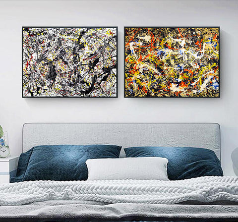 INVIN ART Framed Canvas Giclee Print Extra Large Art Combo Painting 2 Pieces by Jackson Pollock Wall Art Series#11 Living Room Home Office Decorations(Black Slim Frame,28"x40"Each Piece)