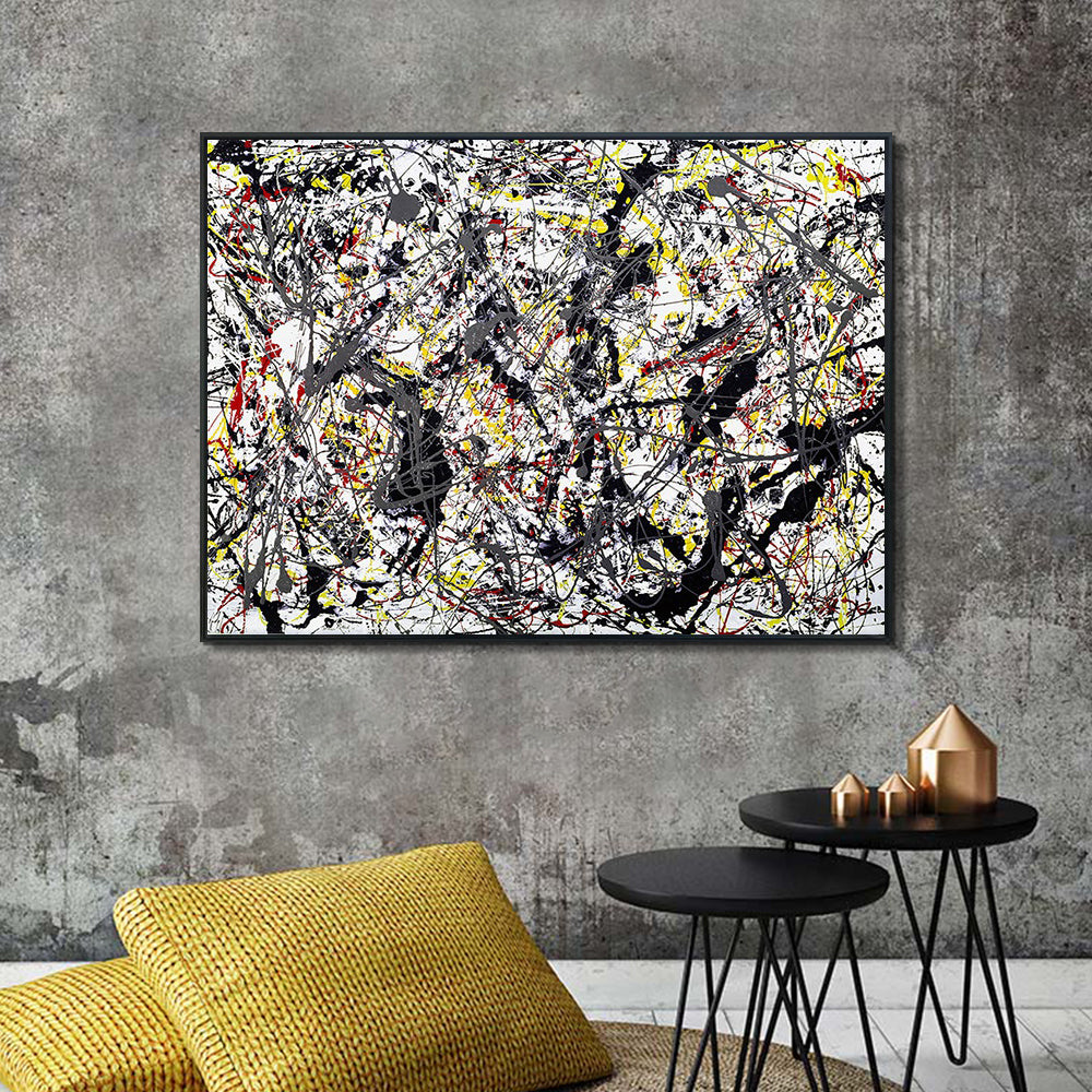 INVIN ART Framed Canvas Giclee Print Art Silver Over Black,White,Yellow and Red by Jackson Pollock Abstract Wall Art