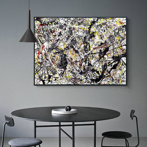 INVIN ART Framed Canvas Giclee Print Art Silver Over Black,White,Yellow and Red by Jackson Pollock Abstract Wall Art Living Room Home Office Decoration