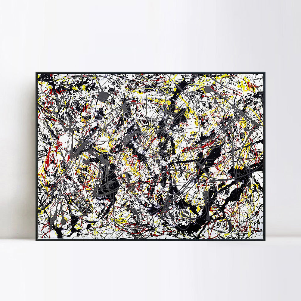 INVIN ART Framed Canvas Giclee Print Art Silver Over Black,White,Yellow and Red by Jackson Pollock Abstract Wall Art