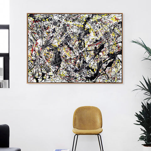 INVIN ART Framed Canvas Giclee Print Art Silver Over Black,White,Yellow and Red by Jackson Pollock Abstract Wall Art Living Room Home Office Decoration