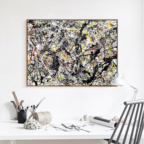 INVIN ART Framed Canvas Giclee Print Art Silver Over Black,White,Yellow and Red by Jackson Pollock Abstract Wall Art Living Room Home Office Decoration